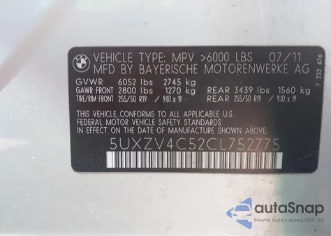 2012 BMW X5 xDrive35I/xDrive35I Premium/xDrive35I Sport Activity z USA, uszkodzony, nr VIN 5UXZV4C52CL752775